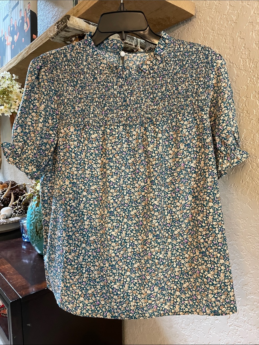 Smocked Floral Short-Sleeve Blouse in Teal